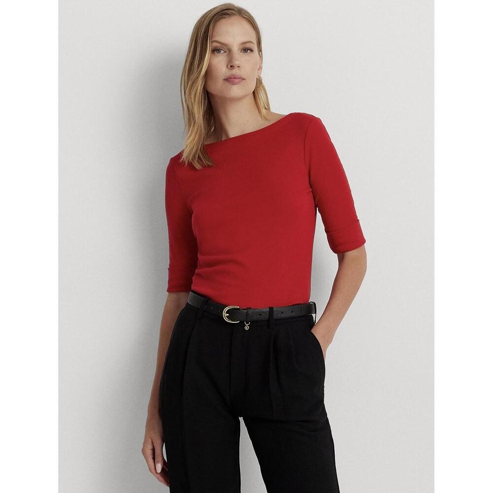 LAUREN Ralph Lauren NWOT Cotton-Blend Boatneck Top in Red-Size XL